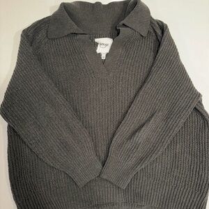 aerie Dark Gray V-Neck Collared Ribbed Sweater